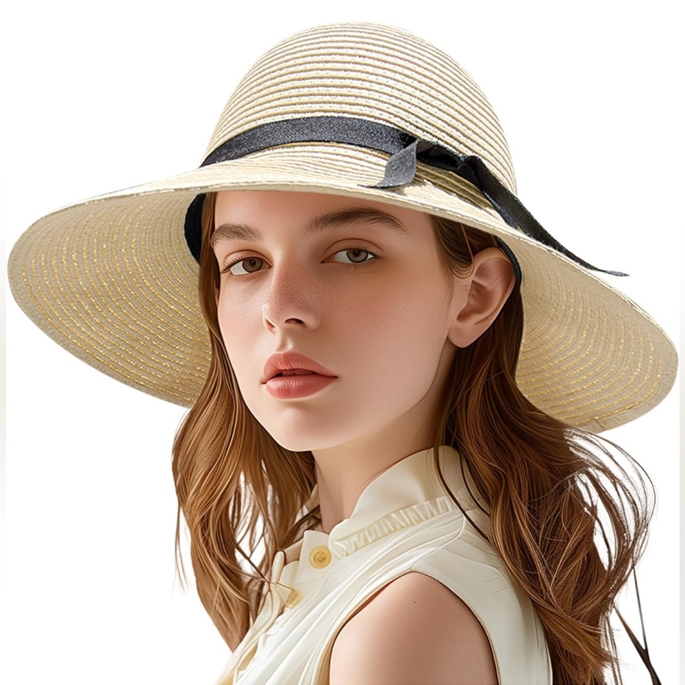 Jardim Sun Hat f3.9" Wide Brim Foldable Strawwith Chin Strap, with Shaping Wire